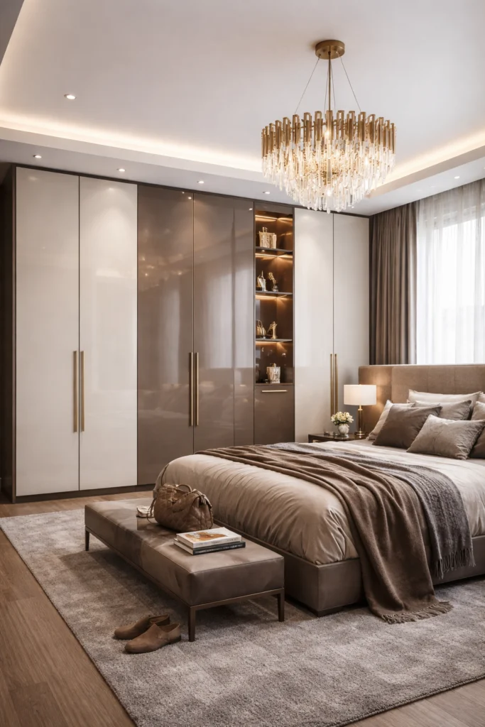 Two color wardrobe with dark base and light upper panels.
