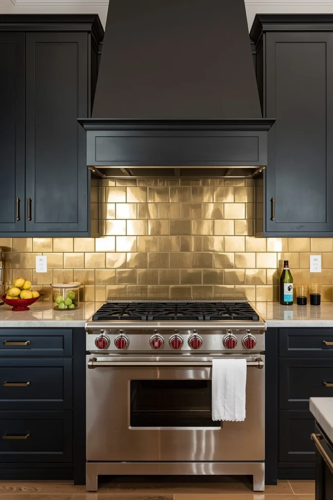 Unlacquered brass tiles add rich warmth near the stove.