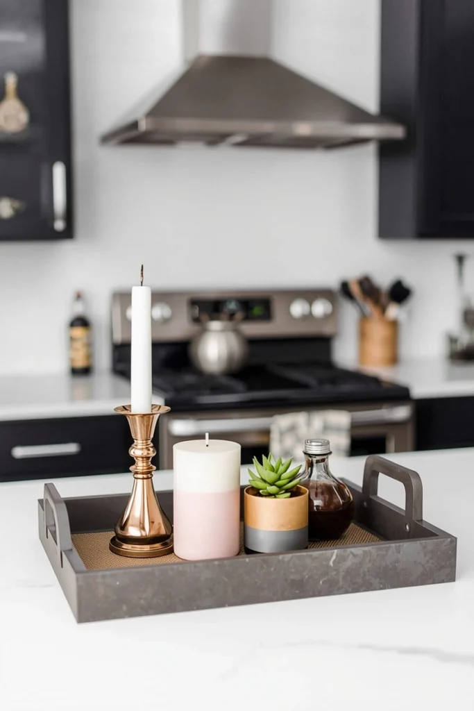 A decorative tray organizes small kitchen counter items neatly.