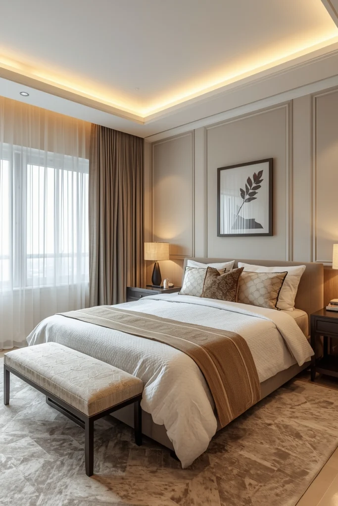 Multiple bedroom lights create a warm, layered glow.
