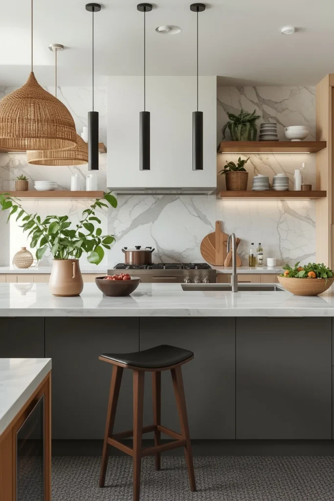 Wooden board, clay pot, and woven basket on counter.