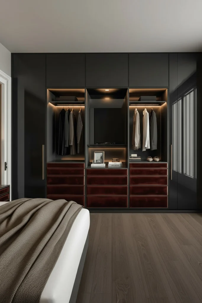 Velvet lined wardrobe drawers with dividers keep accessories neatly organised.