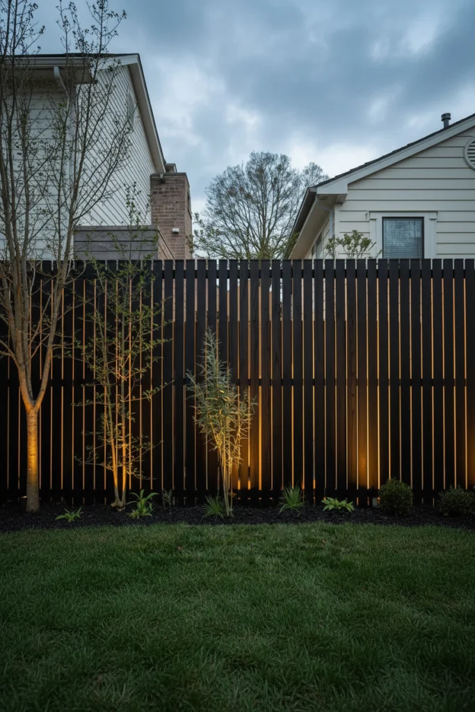 Vertical timber strips form a glowing backyard wall.