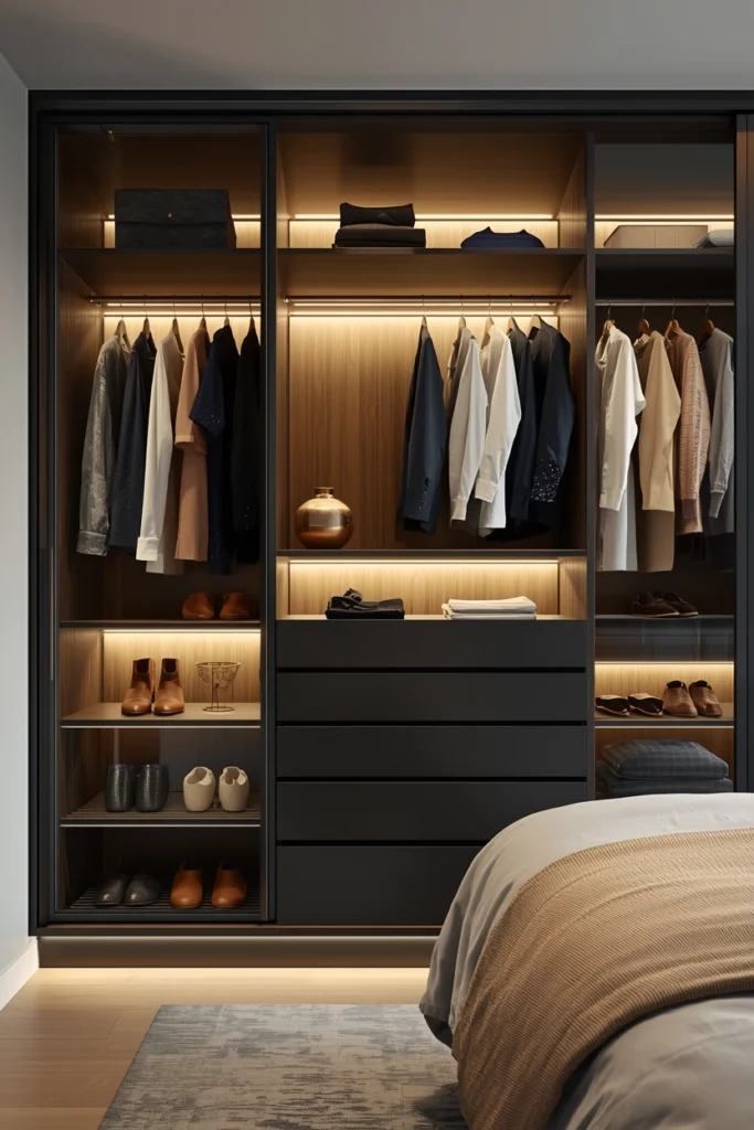 Warm LED strip lights inside wardrobe activate on door opening.