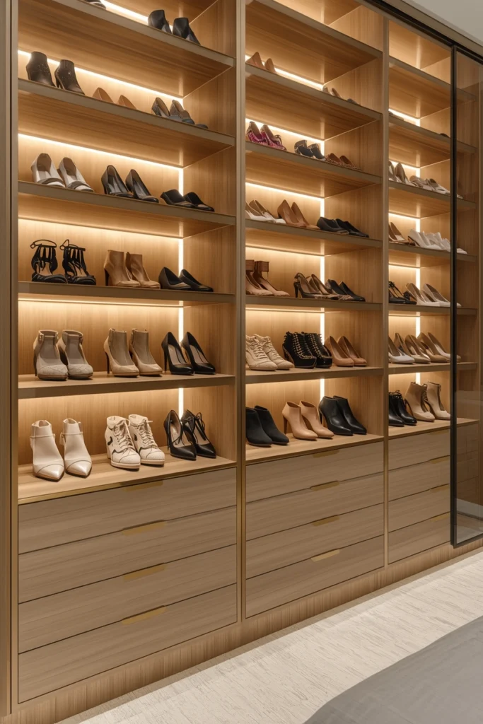 Angled wardrobe shoe shelves with warm LED lighting underneath.