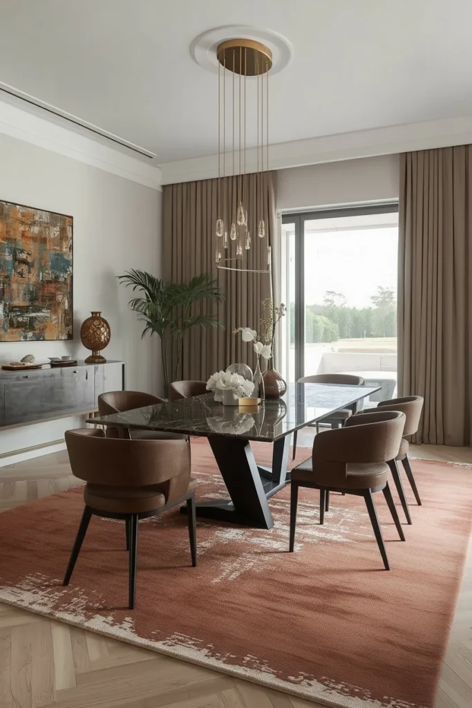 Abstract terracotta rug in neutral dining room