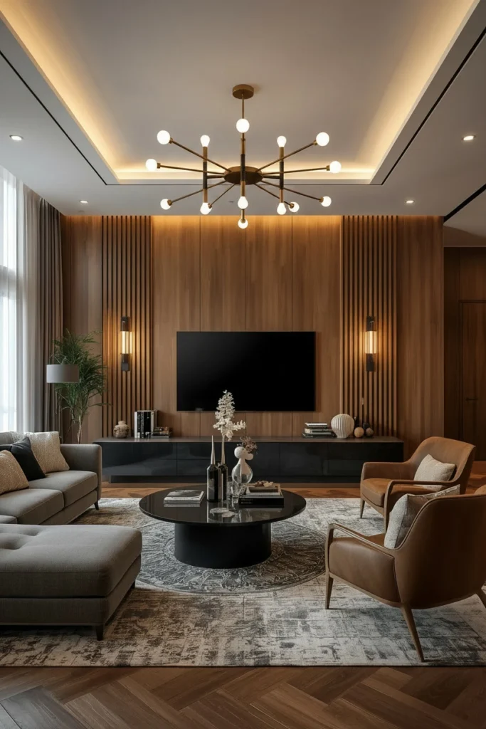 Floor lamp and shelf lamp brighten a small room.
