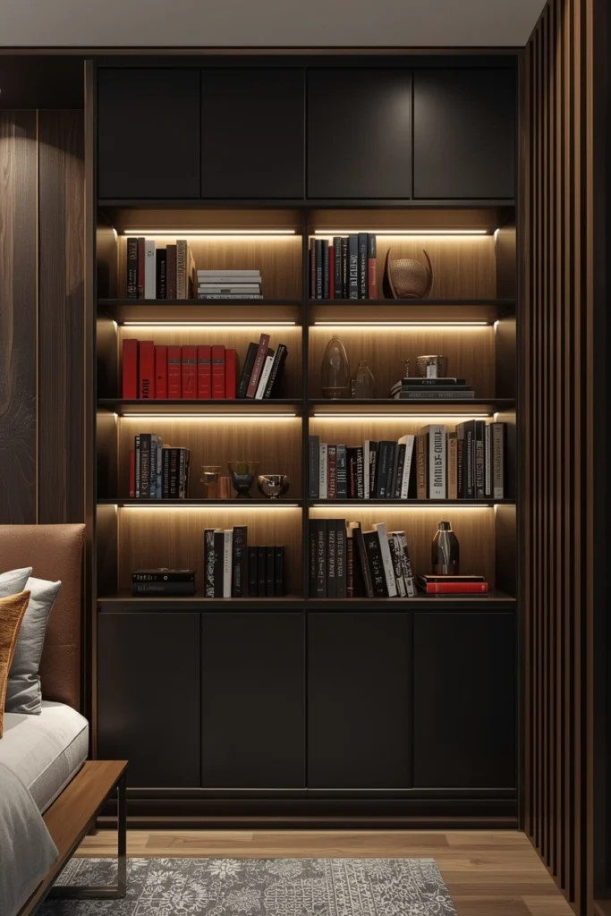 LED-lit alcove bookshelves fit neatly inside wall recess.