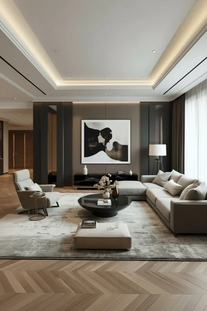 Furniture angled diagonally inside a square living room.