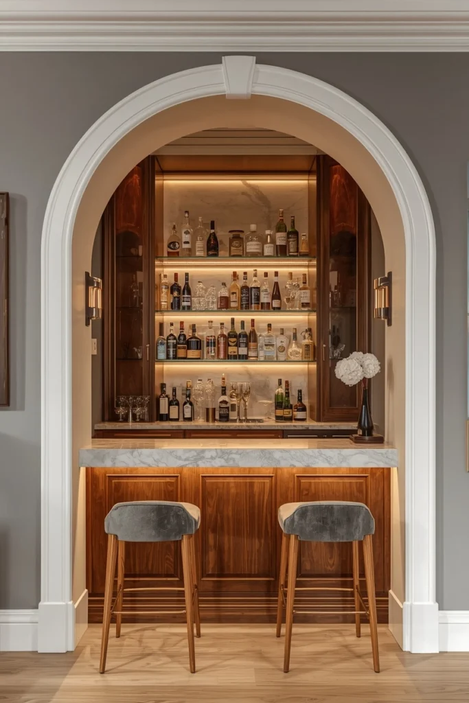 Arched niche with bottles in stylish home bar