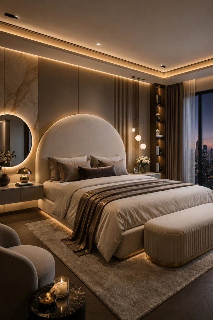 A soft arched headboard bed looks elegant and beautifully styled.