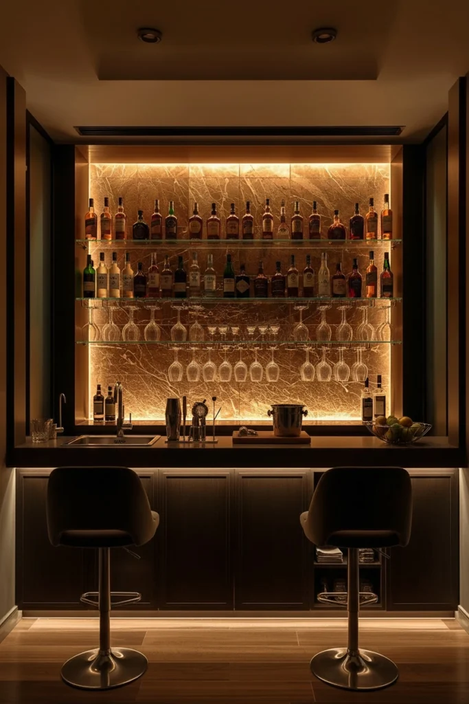 Backlit onyx stone panel glowing behind bar