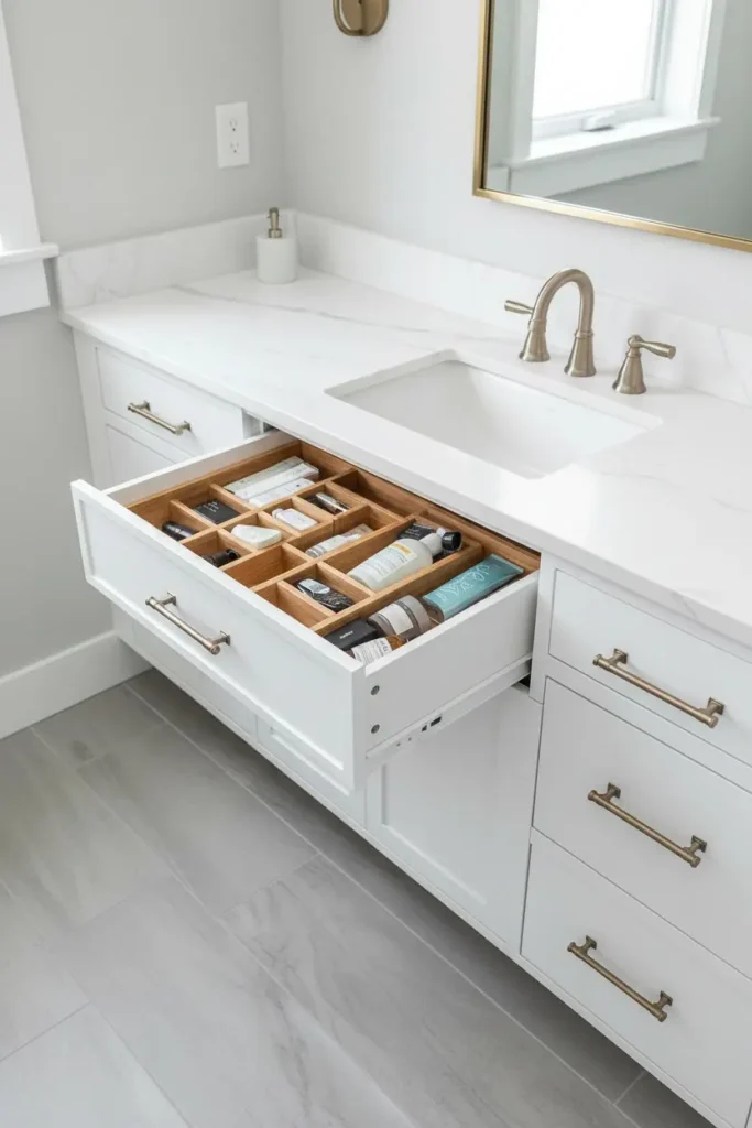 Bamboo dividers organizing products inside a vanity drawer