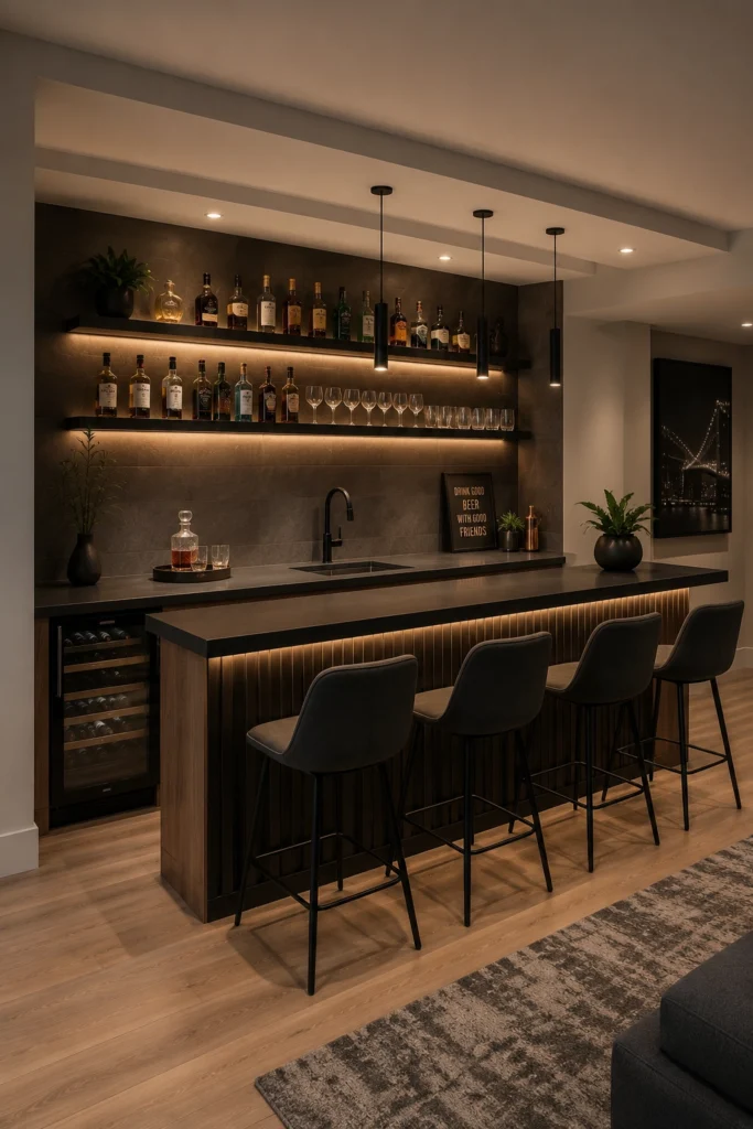 Basement bar counter with stools and open shelving