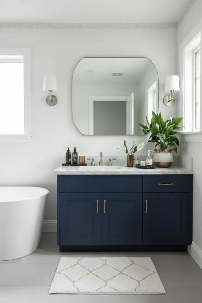 Green pothos plant placed on a bathroom shelf