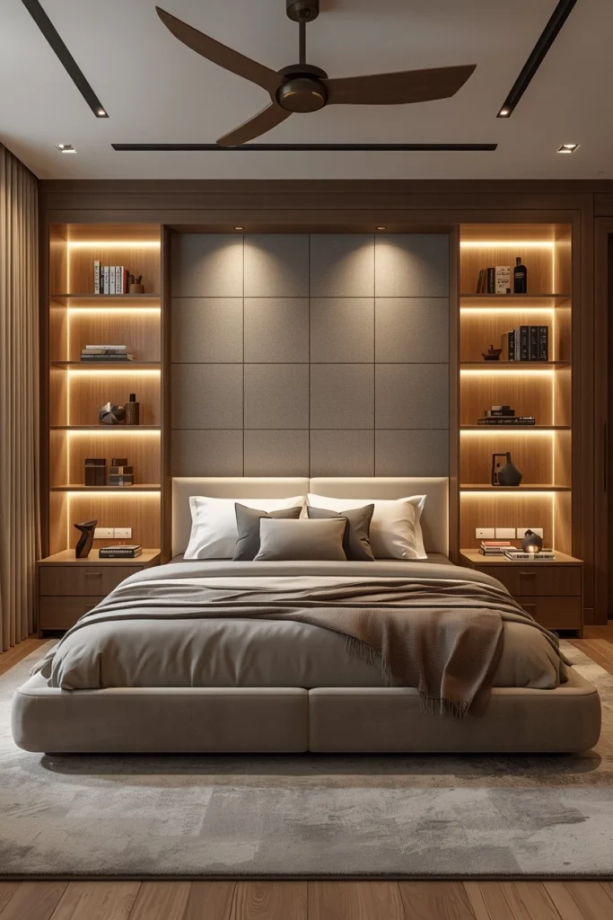 A modern bed features built-in shelves and warm reading lights.