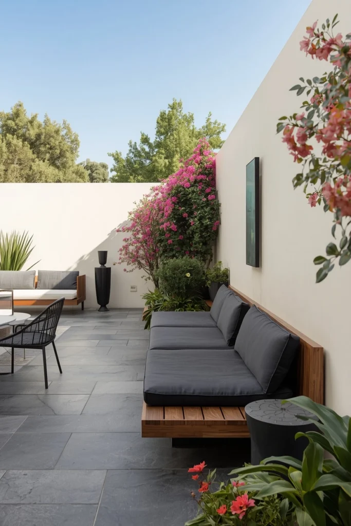 Wooden bench with cushion along small patio wall