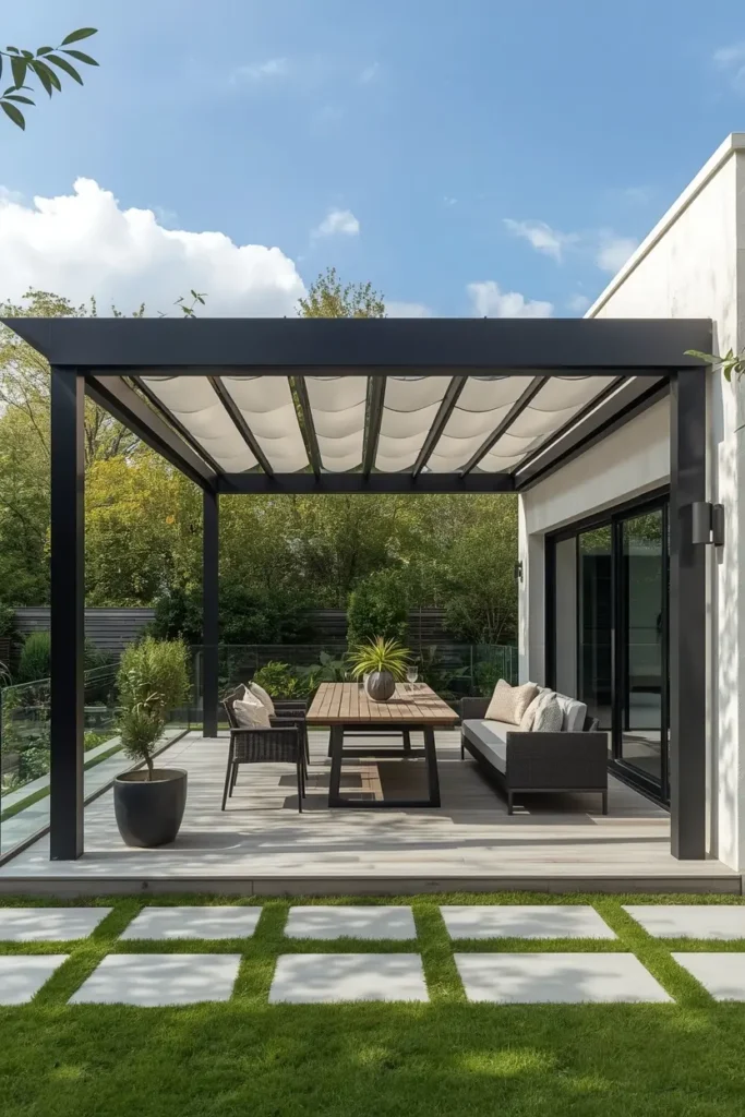 Bioclimatic pergola with open motorized blades over terrace