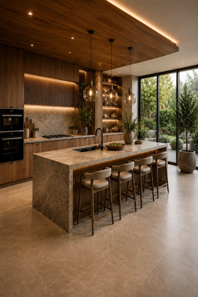Biophilic kitchen design brings natural wood, stone, and plants indoors.