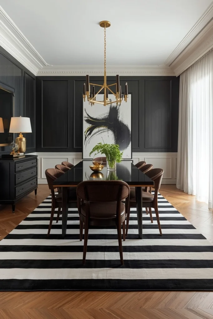 Black and white striped rug with wood furniture