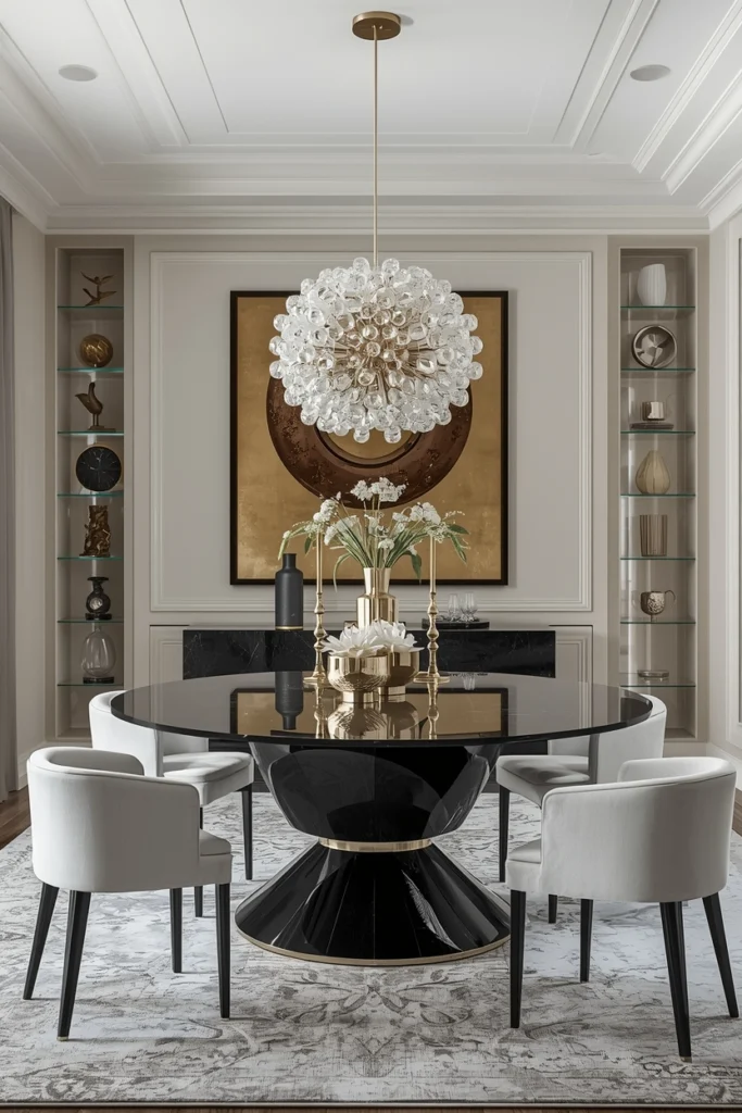 A marble sphere placed as a bold dining table accent.