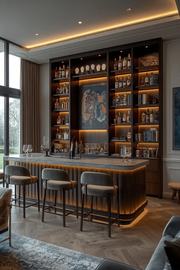 Bookshelf section converted into a home bar counter