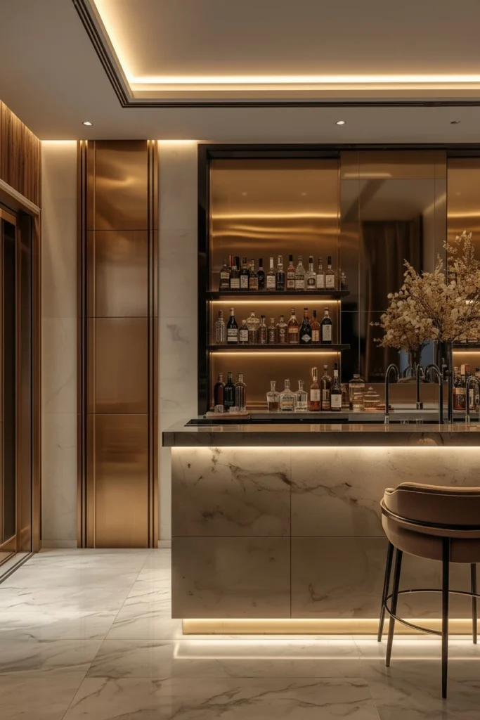 Brass wall sconces and bronze accents on bar wall