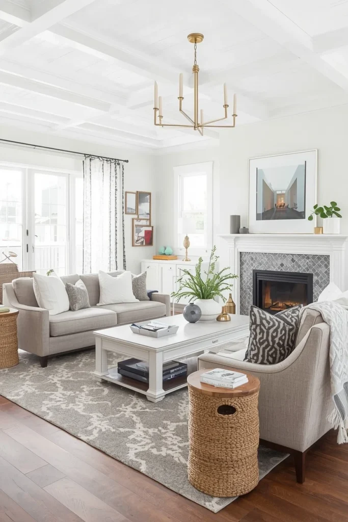 Aged brass light fixtures in modern farmhouse living room