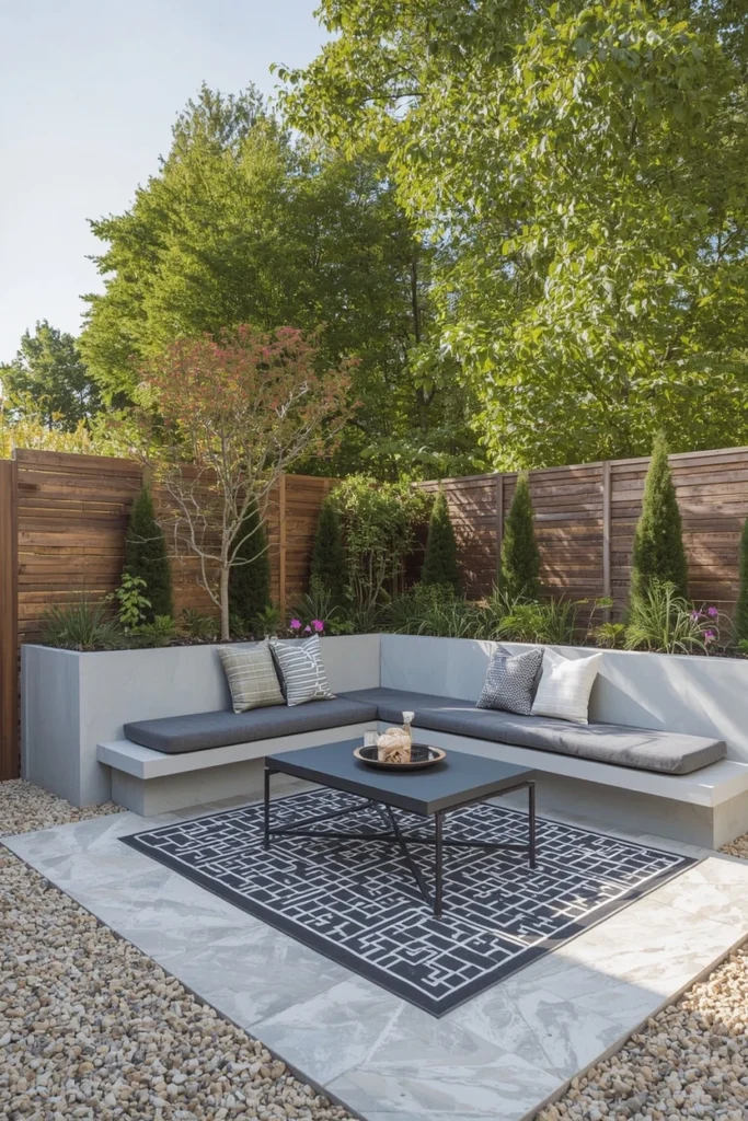 Built-in bench seating along garden wall with cushions