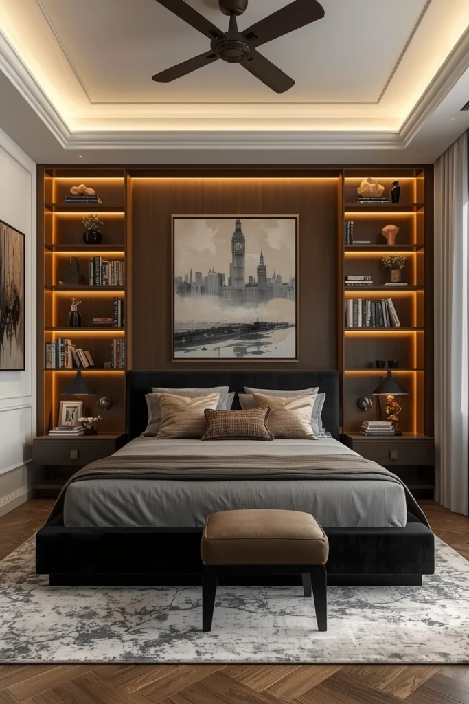 Built-in bookshelf headboard wall fills entire bedroom space.
