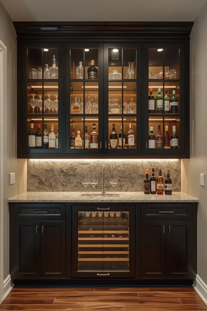 Built-in glass front cabinetry with LED bar lighting