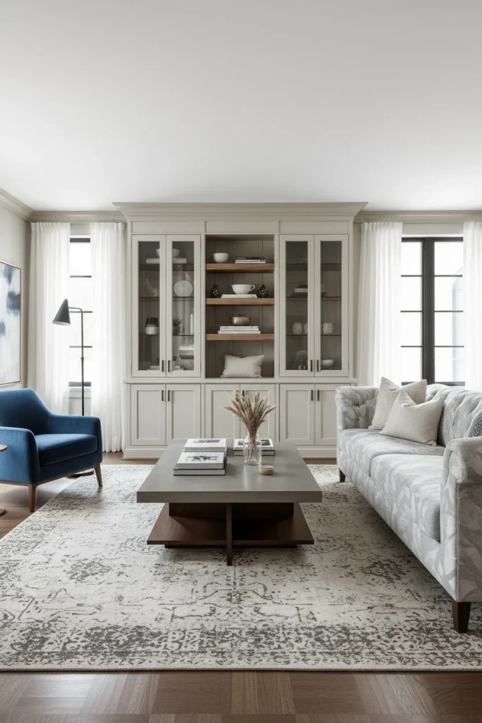 Built-in shelving unit with ribbed glass farmhouse room