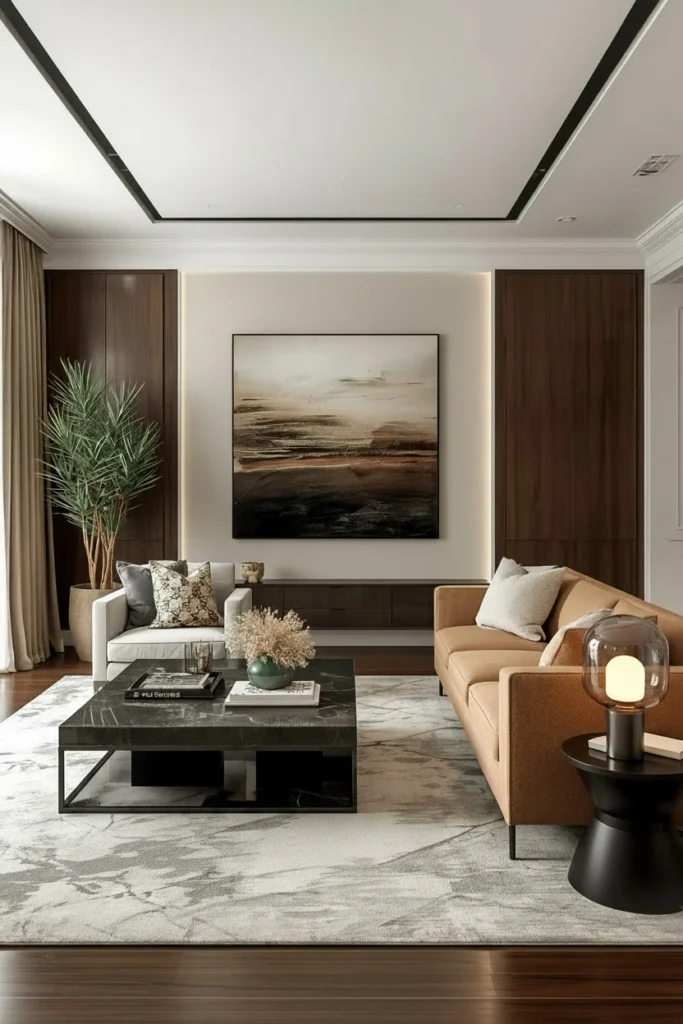 Camel sofa with ivory tones and espresso wood