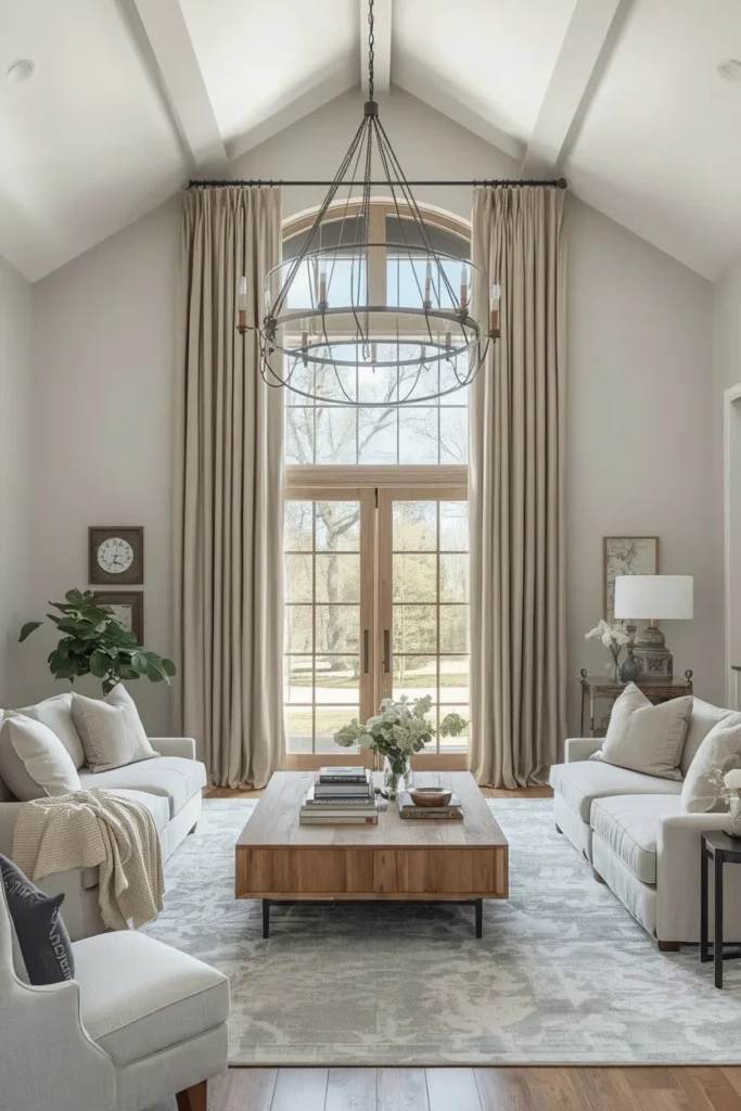 Ceiling-height linen curtains in bright farmhouse living room