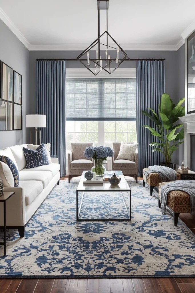 Reassessing rug placement after rearranging living room furniture.