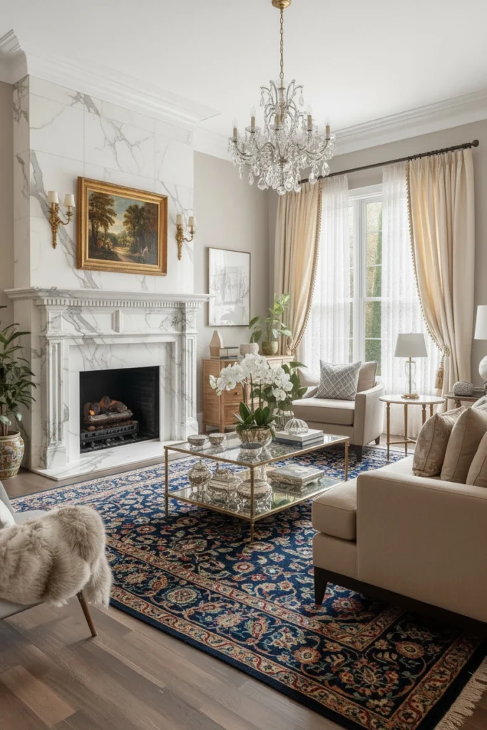 A larger rug makes the living room look stylish.