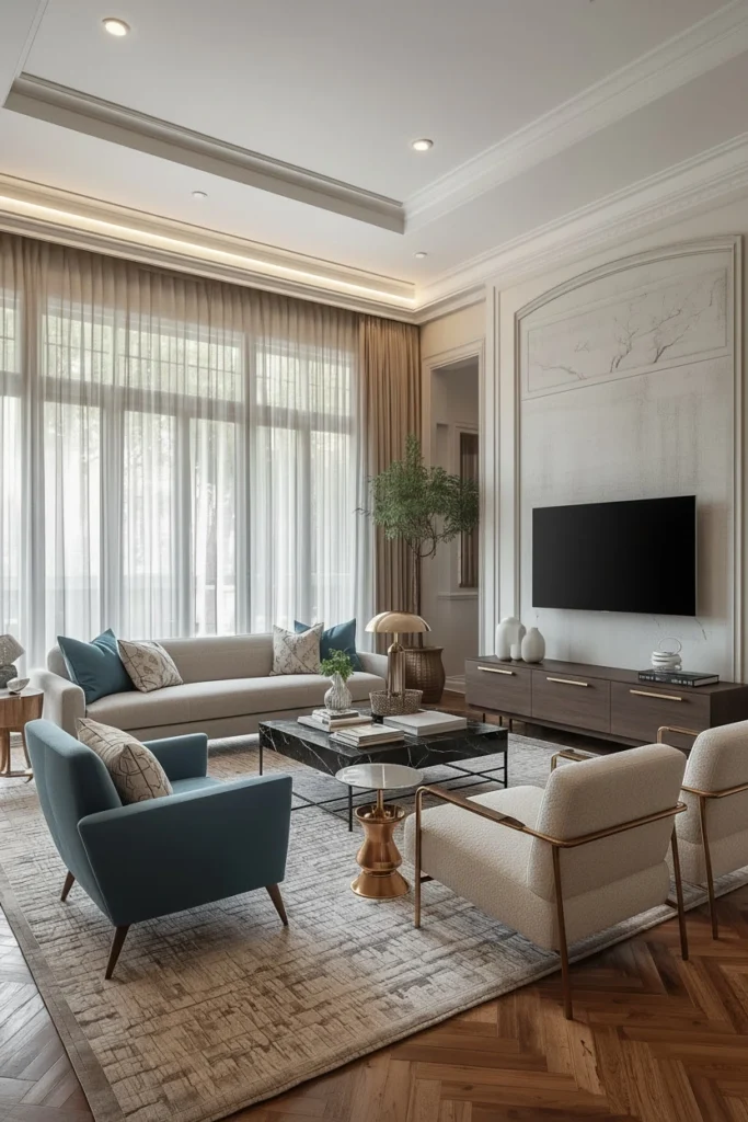 Sofa and chairs arranged neatly around a central rug.