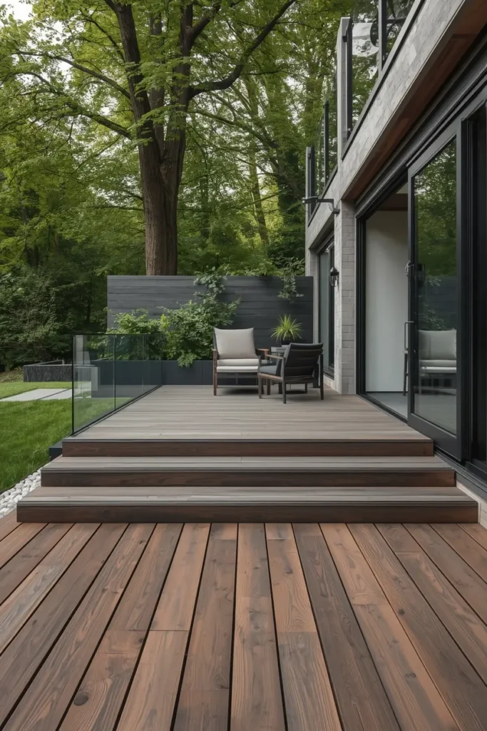 Smooth grey composite decking laid across modern outdoor terrace
