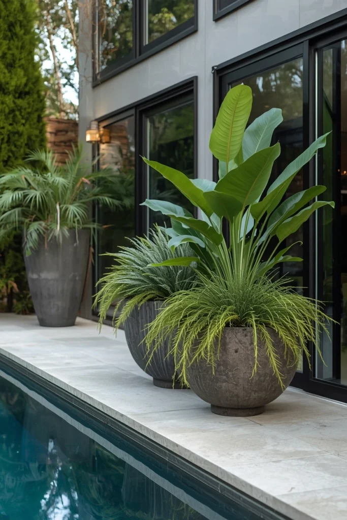 Concrete plant pots with bold plants near pool
