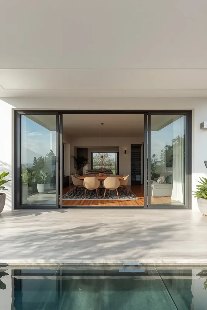 Wide glass doors connecting terrace to modern living room