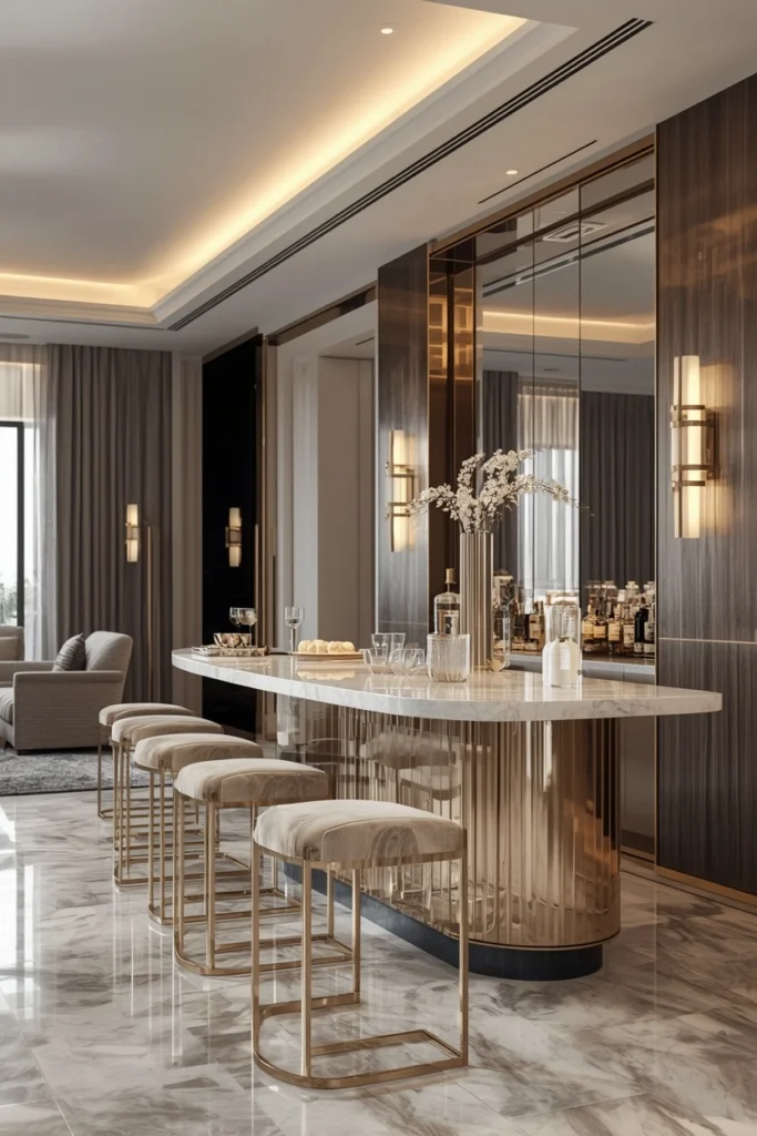Narrow console table styled as home bar counter