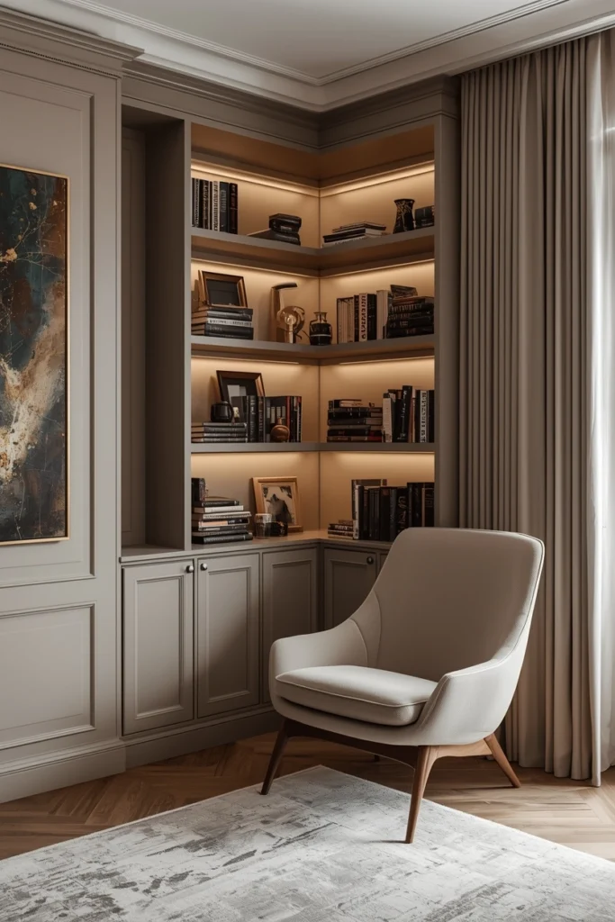 L-shaped corner bookshelf maximizes an empty room corner.