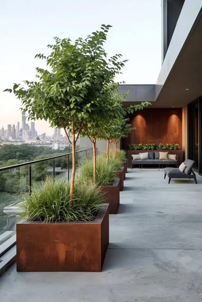 Rust-toned corten steel planters dividing modern terrace zones