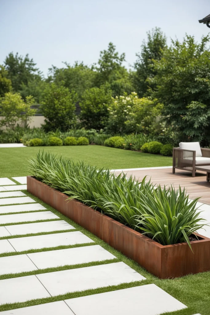 Corten steel raised beds contrast beautifully with green garden plants.