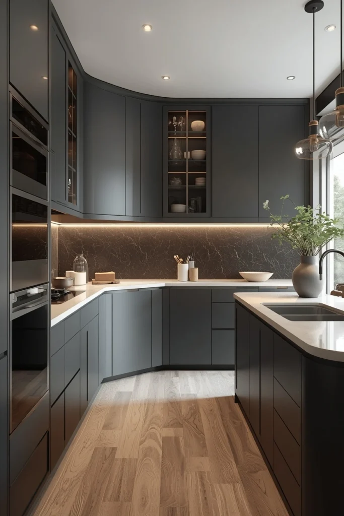 Curved kitchen cabinets create a soft and uniquely welcoming space.