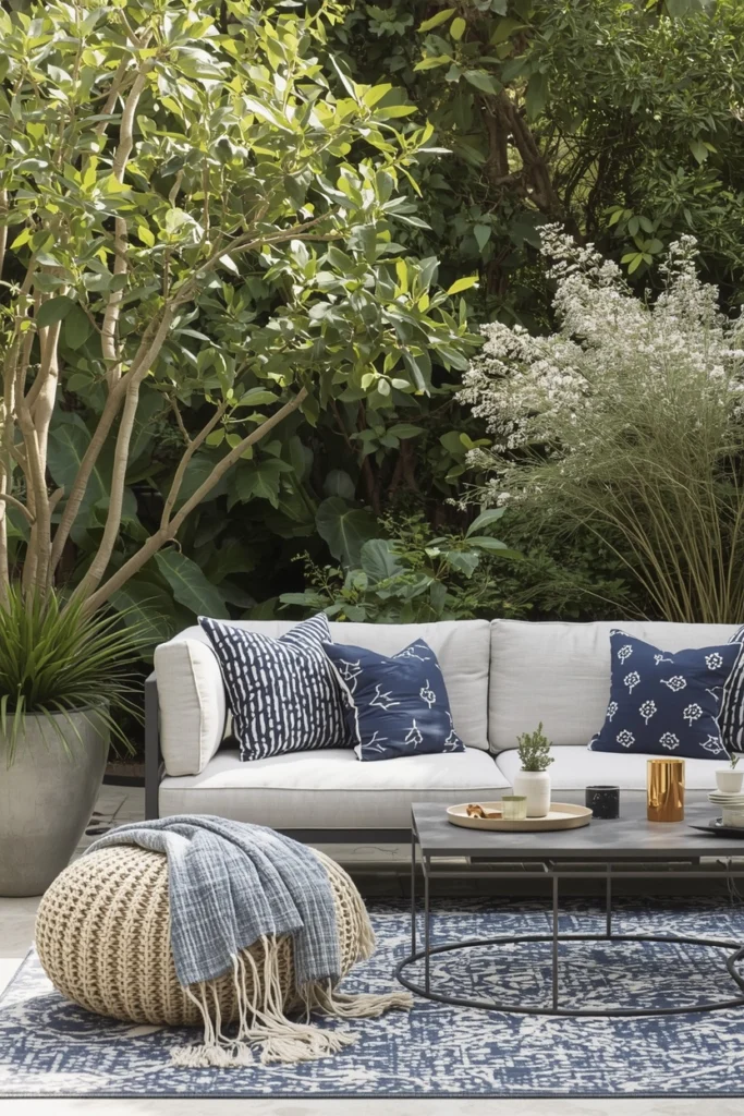 Outdoor cushions and a rug make garden seating feel homely.