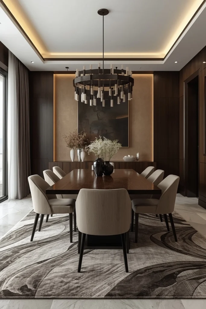 Custom cut rug fitting large open plan dining area
