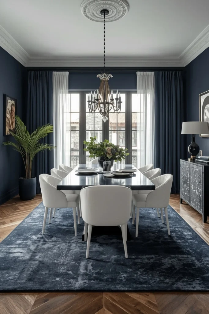 Dark charcoal rug with white dining chairs
