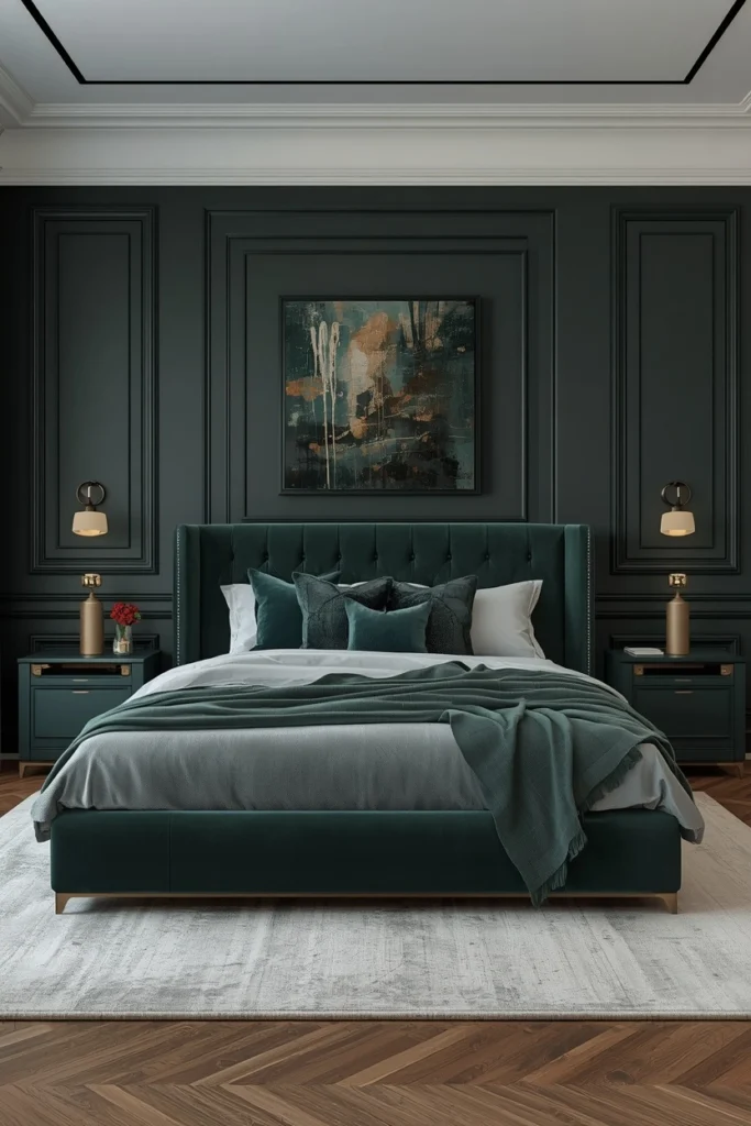 A deep dark green bed frame adds bold warmth to the bedroom.