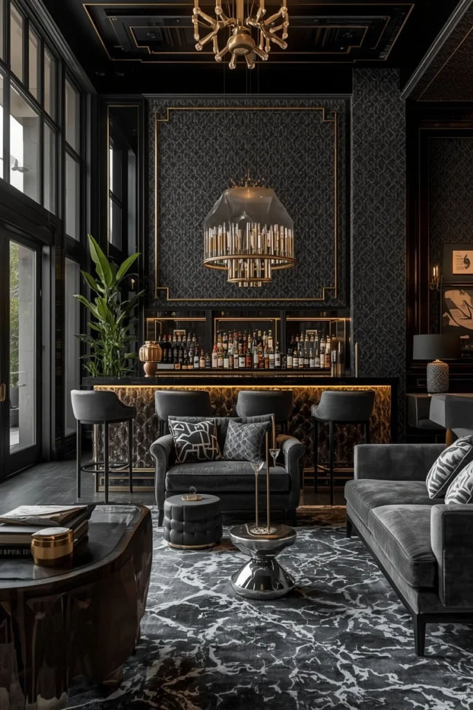 Dark botanical patterned wallpaper in home bar
